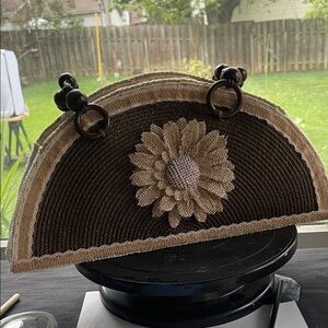 Brown and Tan Floral Woven Clutch